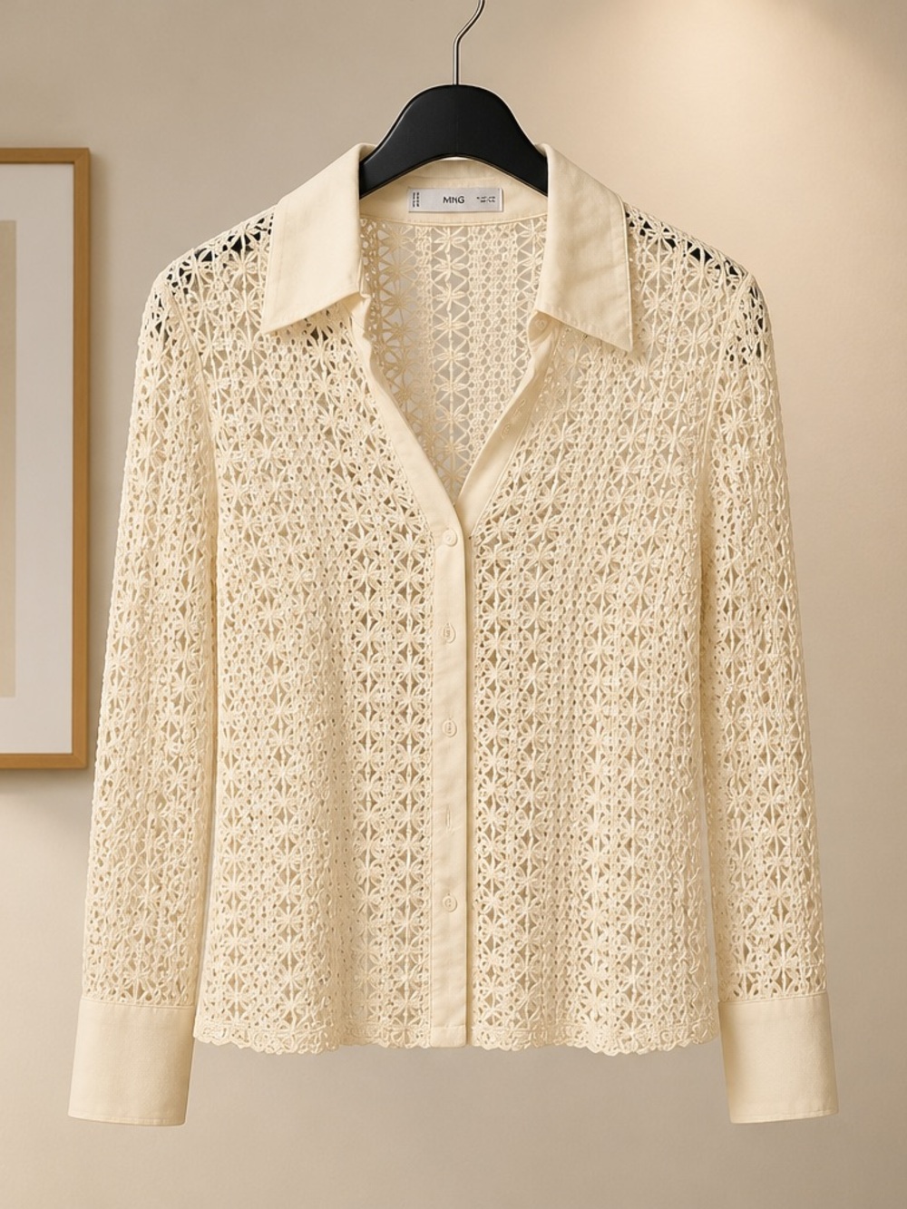 Mango Cream Crochet Button-Down Blouse